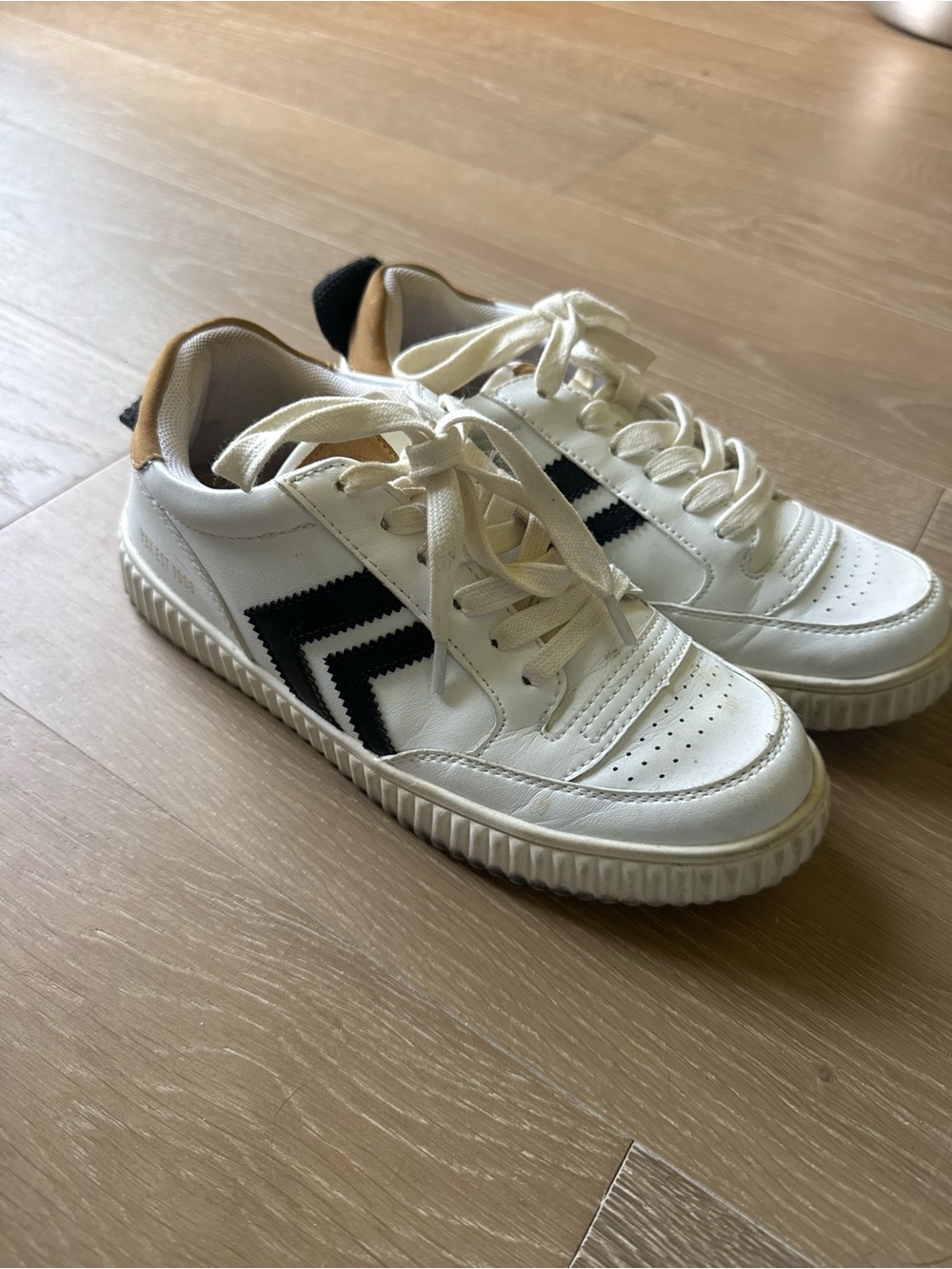 Yellow Box White Sneakers with Black Chevron and Tan Heel